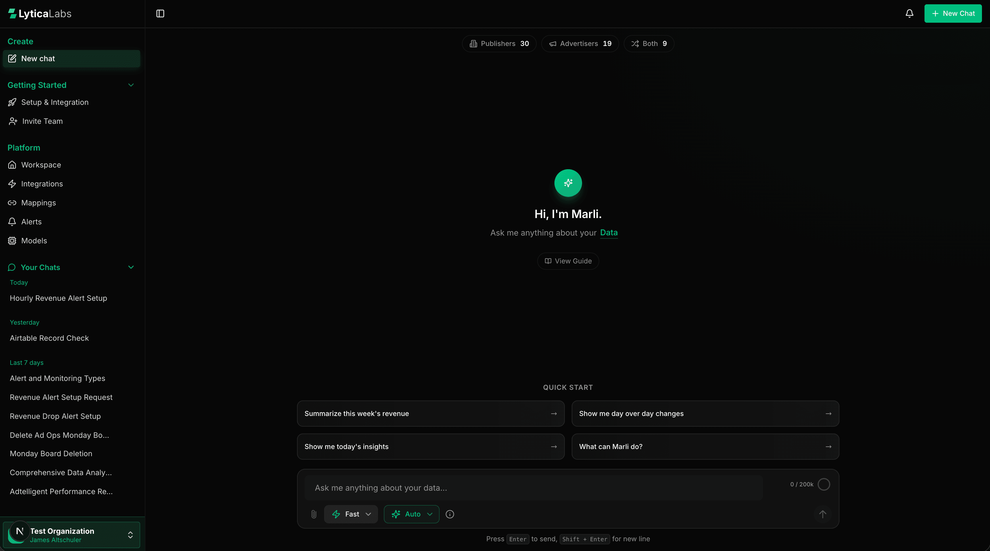 Marli workspace showing the Hi, I'm Marli greeting, quick start prompts, and sidebar history